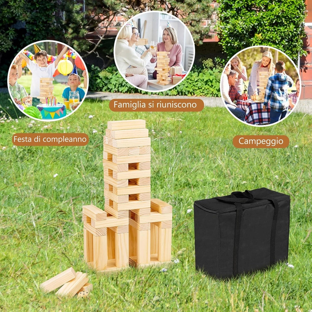 54 Blocchi di Legno di Pino con Angoli Curvi, Mattoncini Giocattoli, Torre di Legno Gigante con Borsa di Trasporto, Ideale per Feste e Party