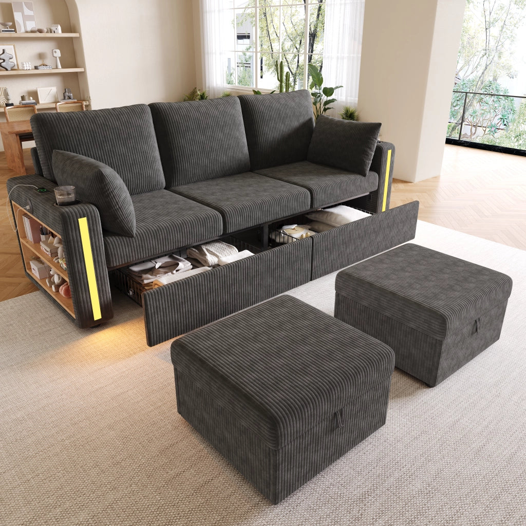 Canapé modulaire in velluto a coste con 2 pouf contenitore, LED, USB e tipo C, portabicchieri grigio 190 × 130 cm
