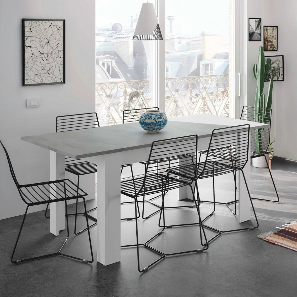 Tavolo allungabile Abudula, Tavolo per sala da pranzo allungabile, Tavolo da pranzo estensibile con allunga, cm 140/190x90h78, Cemento e Bianco