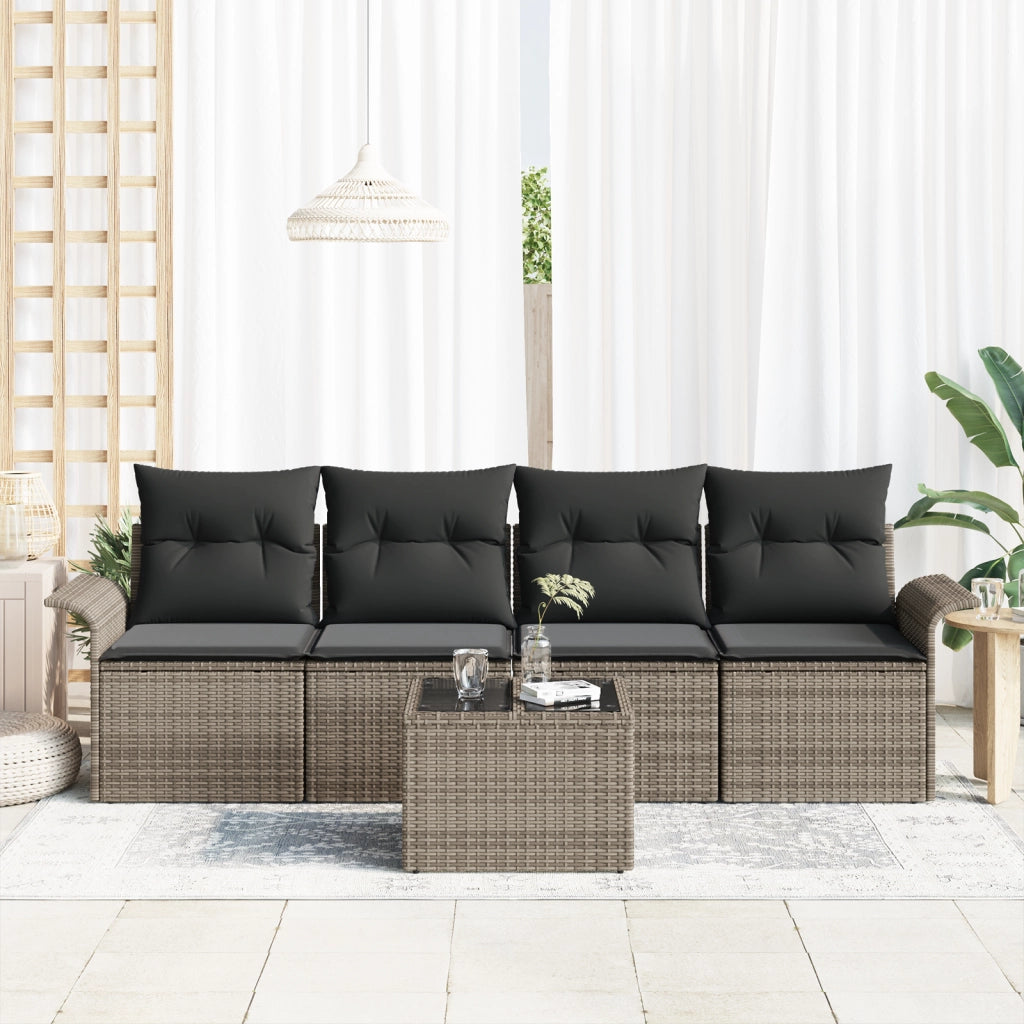 Set Divano da Giardino a 5 Pezzi con Cuscini Grigio Polyrattan