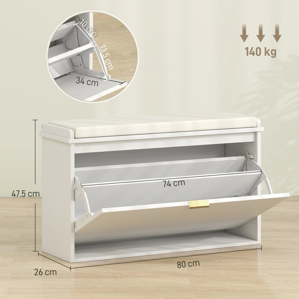 Panca Scarpiera con Ripiano in Legno e Tessuto ¨C zephmum ¨C Bianca e Beige 80x26x47.5 cm