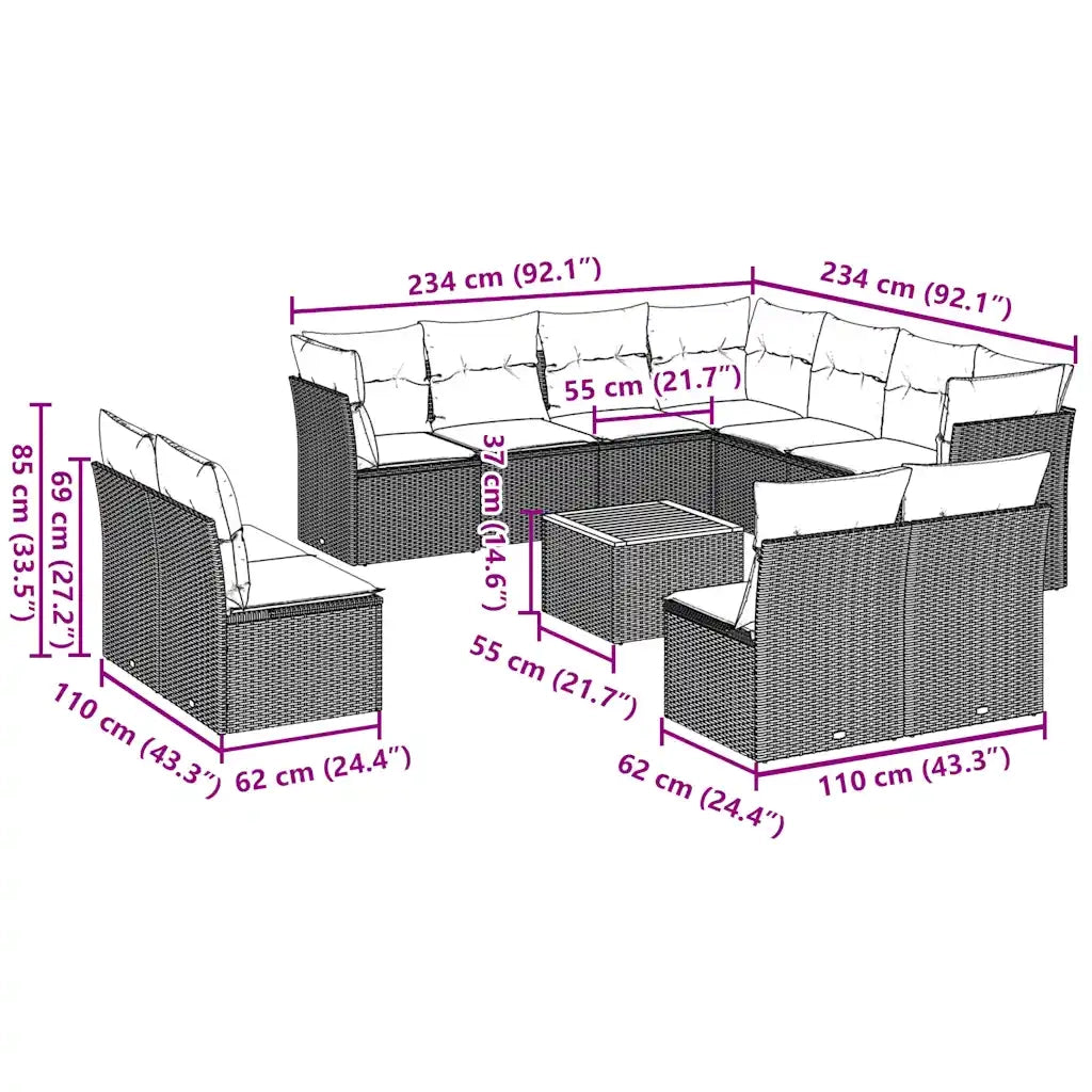 Set Divani da Giardino 12 pz con Cuscini Grigio in Polyrattan