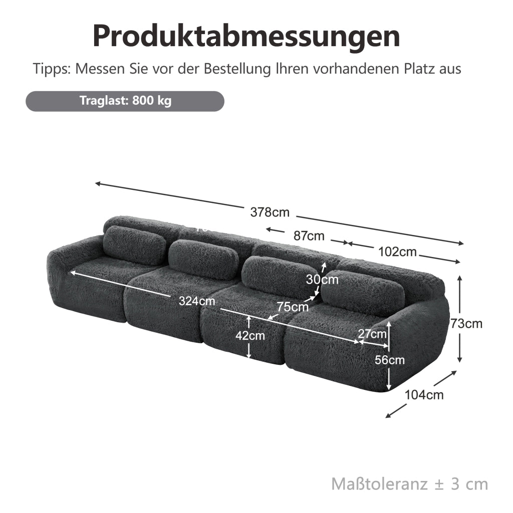 Divano Modulare 4 Posti con Design Ergonomico e Cuscini, in Peluche Grigio 378 × 104 × 73 cm