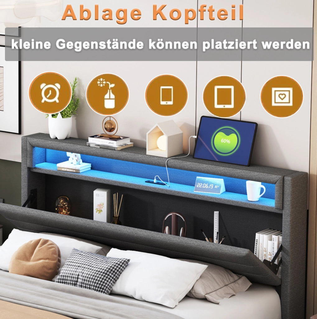 Letto imbottito matrimoniale 140x200 cm con USB; LED e testiera contenitore grigio