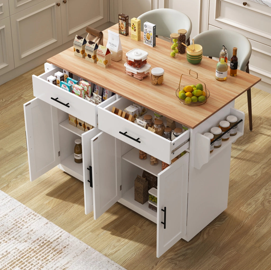 Carrello da cucina con piano ribaltabile e ruote, bianco e naturale