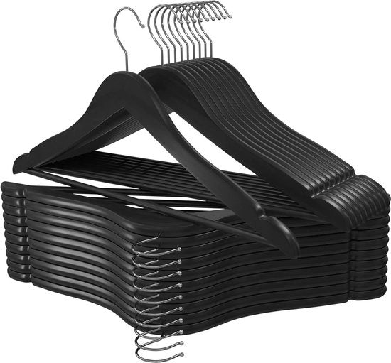 Hanger anti-slip in legno con barra rotonda per pantaloni e solchi per spalle - gru per 360° rotativa resistente e sottile - Set da 20 (Nero)