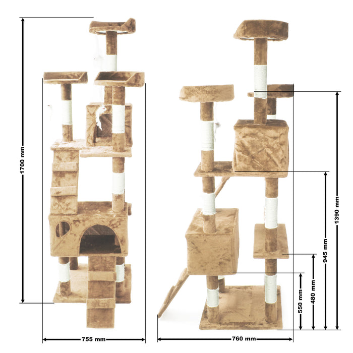 Albero tiragraffi beige 170 cm con piattaforme, cuccette e scale