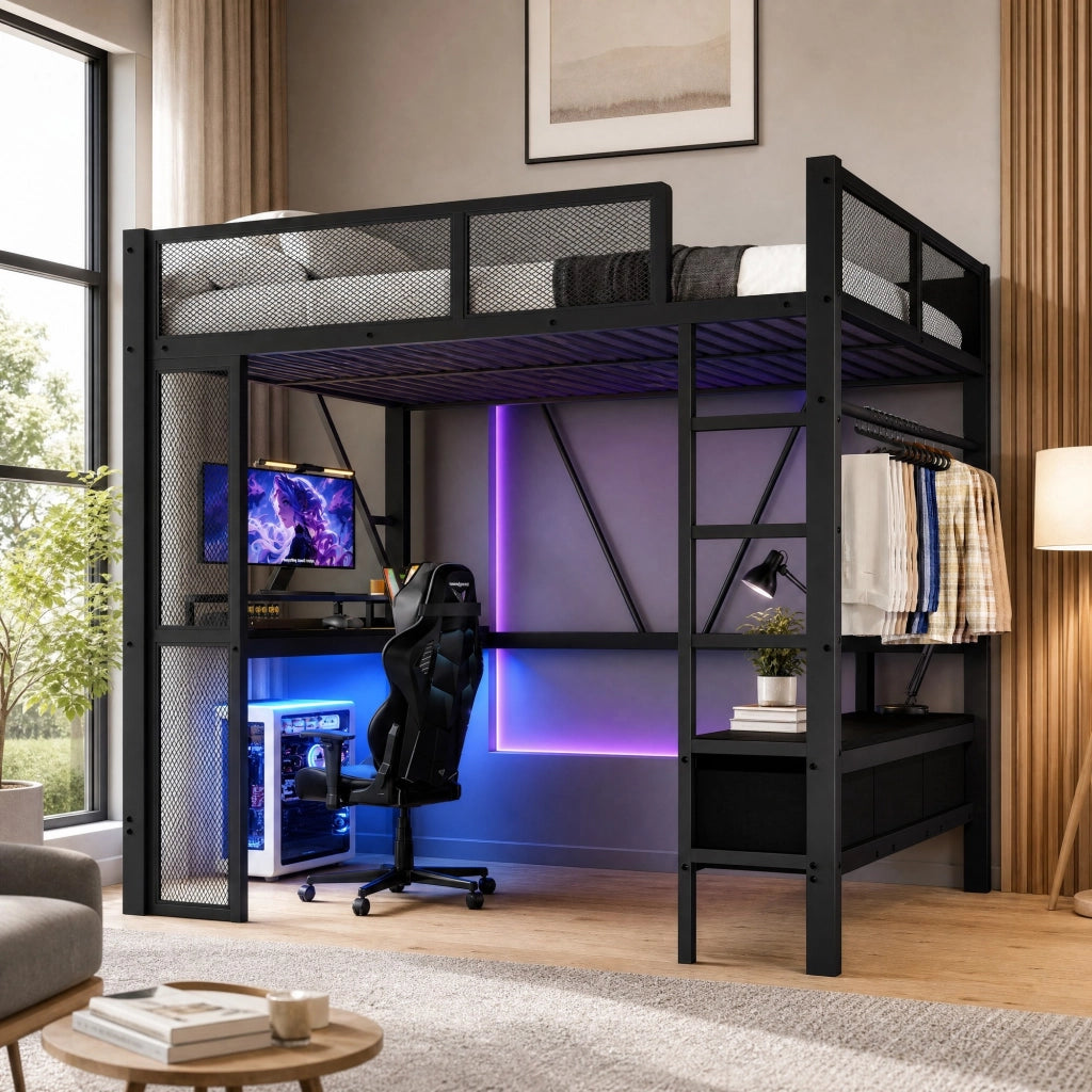 Letto a soppalco 140x200 cm con USB, LED e scrivania