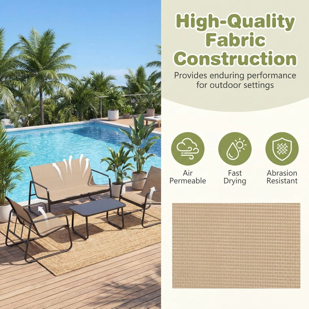 Set di Conversazione per Patio, Set di Mobili 4 Pezzi con Tavolino in Vetro Temperato, Ampio Divano a Due Posti, 2 Sedie Accoglienti, Tessuto Traspirante, per Giardino, Bordo Piscina