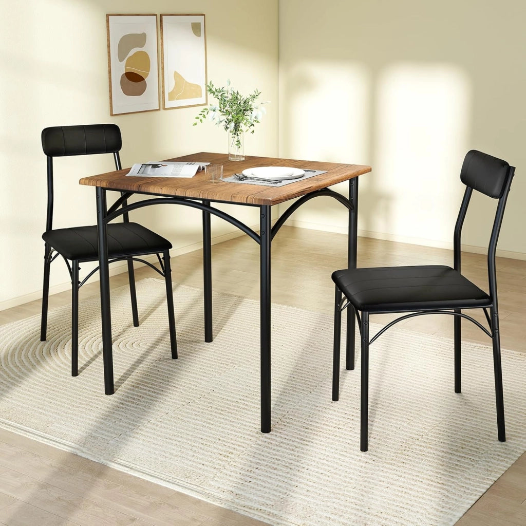 Set da tavolo da pranzo, set da cucina 3 pezzi con tavolo quadrato e 2 sedie imbottite senza braccioli, telaio in metallo, pattini antiscivolo, per sala da pranzo, cucina
