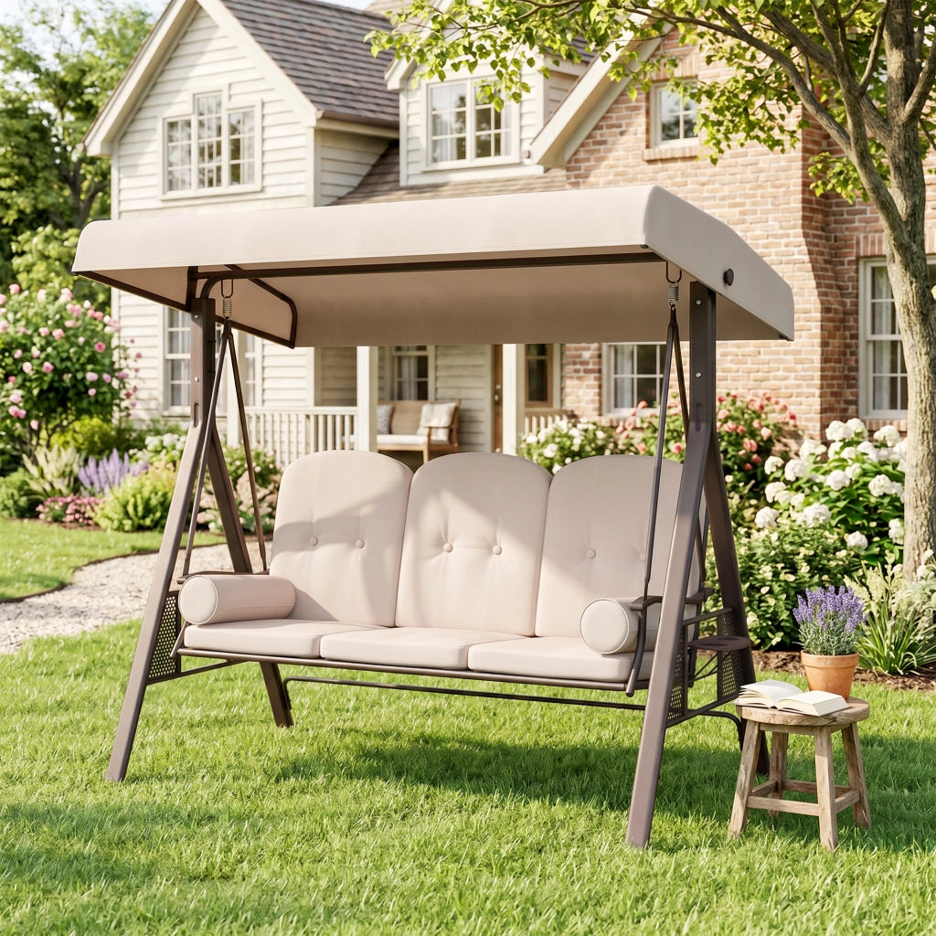 Dondolo 3 Posti per Esterno con Cuscini e Portabicchieri ¨C zephmum ¨C Beige, Metallo e Poliestere, 208x121x172 cm