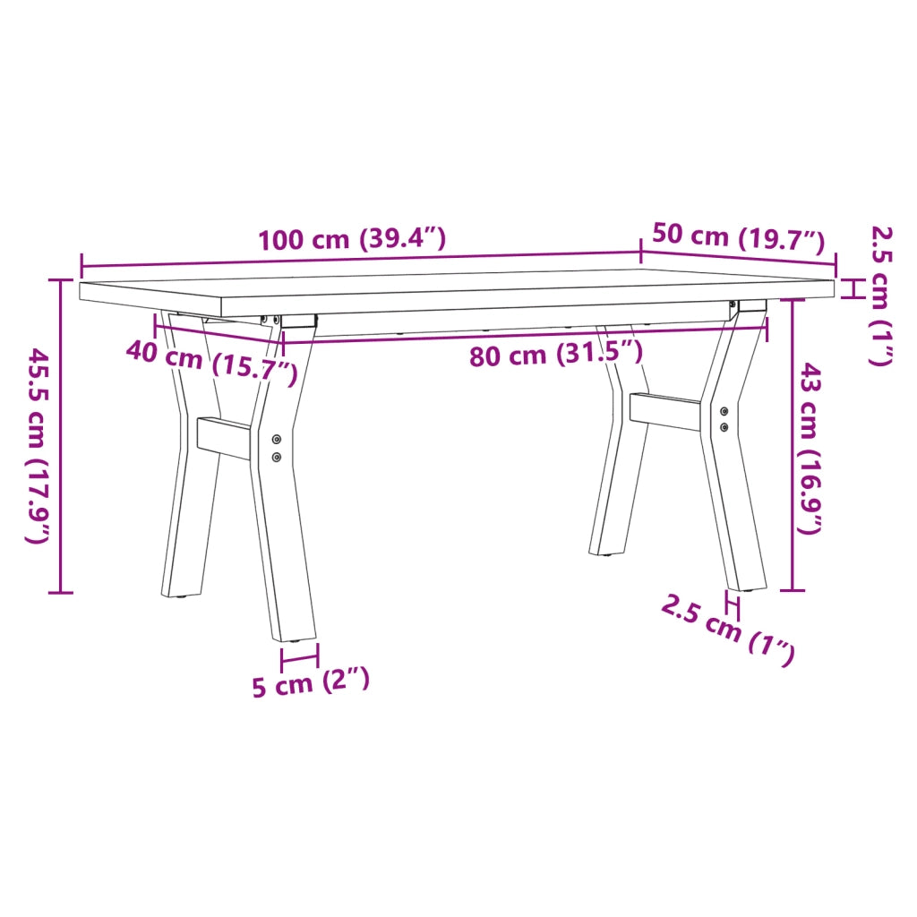Tavolino Salotto Telaio a Y 100x50x45,5 cm Legno Pino e Acciaio