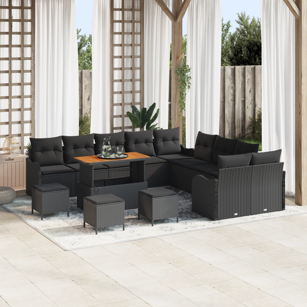 Set divano da giardino in 14 pezzi con cuscini nero polyrattan acacia