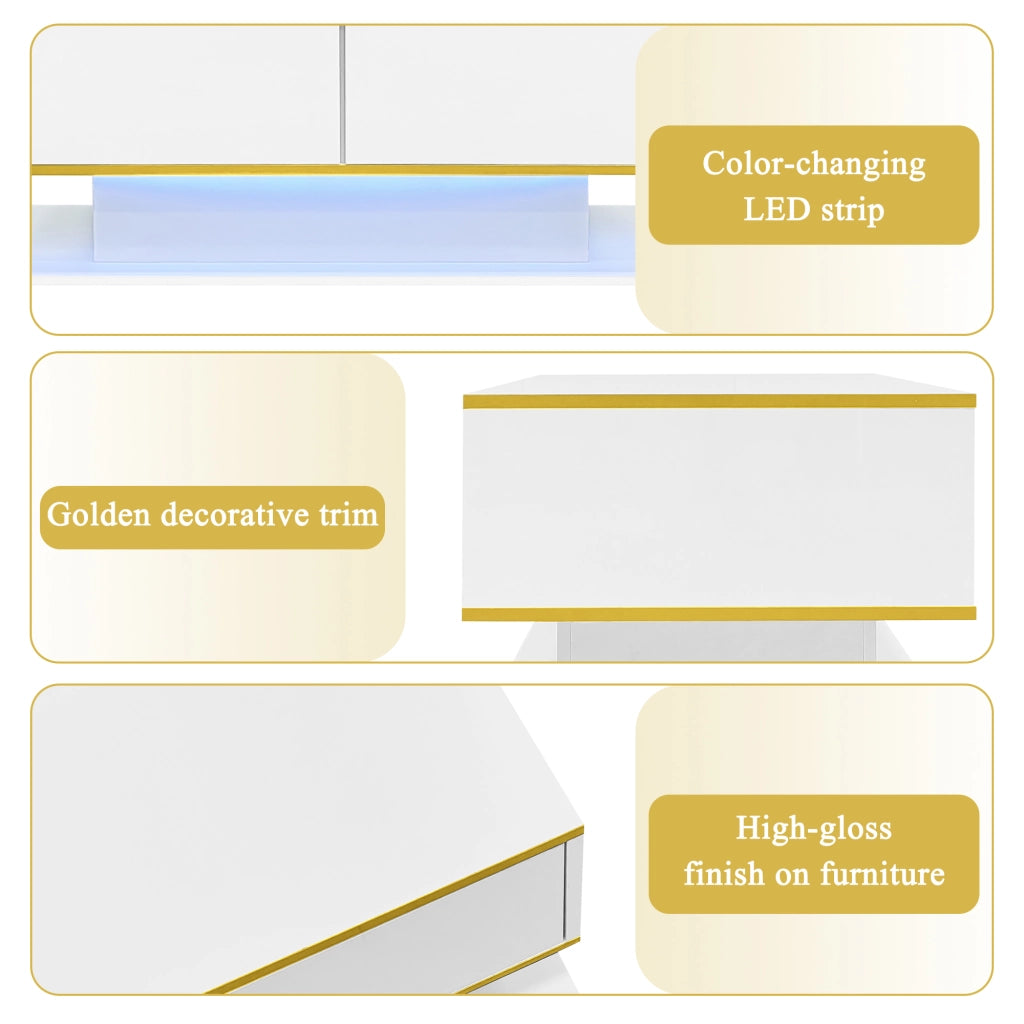 OKWISH Tavolino da Salotto con 3 Cassetti, 1 Vano Aperto e LED Regolabile, Finitura Lucida Parziale, 100 x 50 x 40 cm