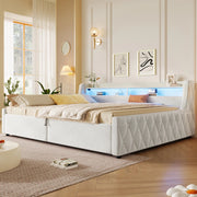Letto imbottito 140x200 cm con contenitore e LED in flanella; bianco sporco