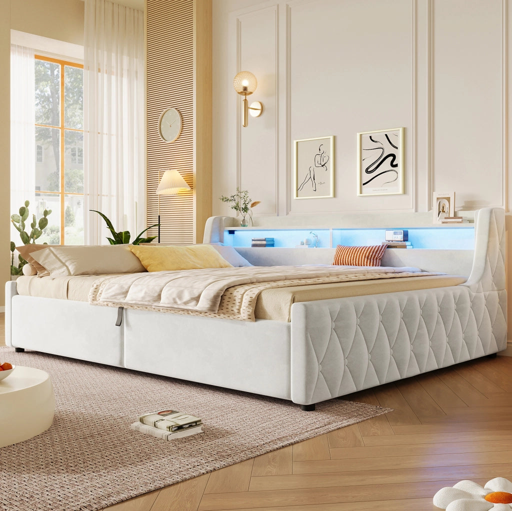 Letto imbottito 140x200 cm con contenitore e LED in flanella; bianco sporco