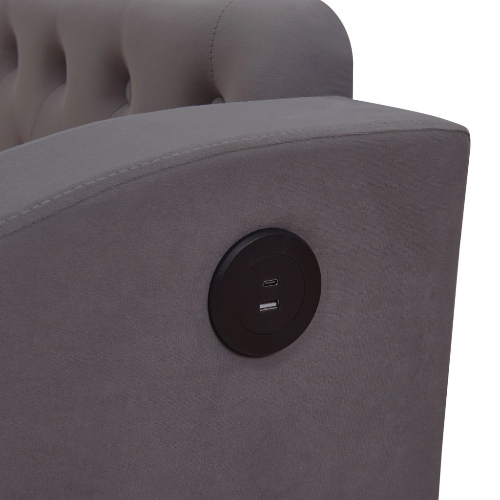 Divano letto imbottito 90x190 cm con USB e vani portaoggetti in velluto grigio