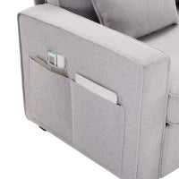 Divano Moderno a 4 Posti in Tessuto di Lino con Tasche sui Braccioli e 4 Cuscini Lombari, Adatto per Soggiorno e Ufficio, 264x83x87 cm, Grigio