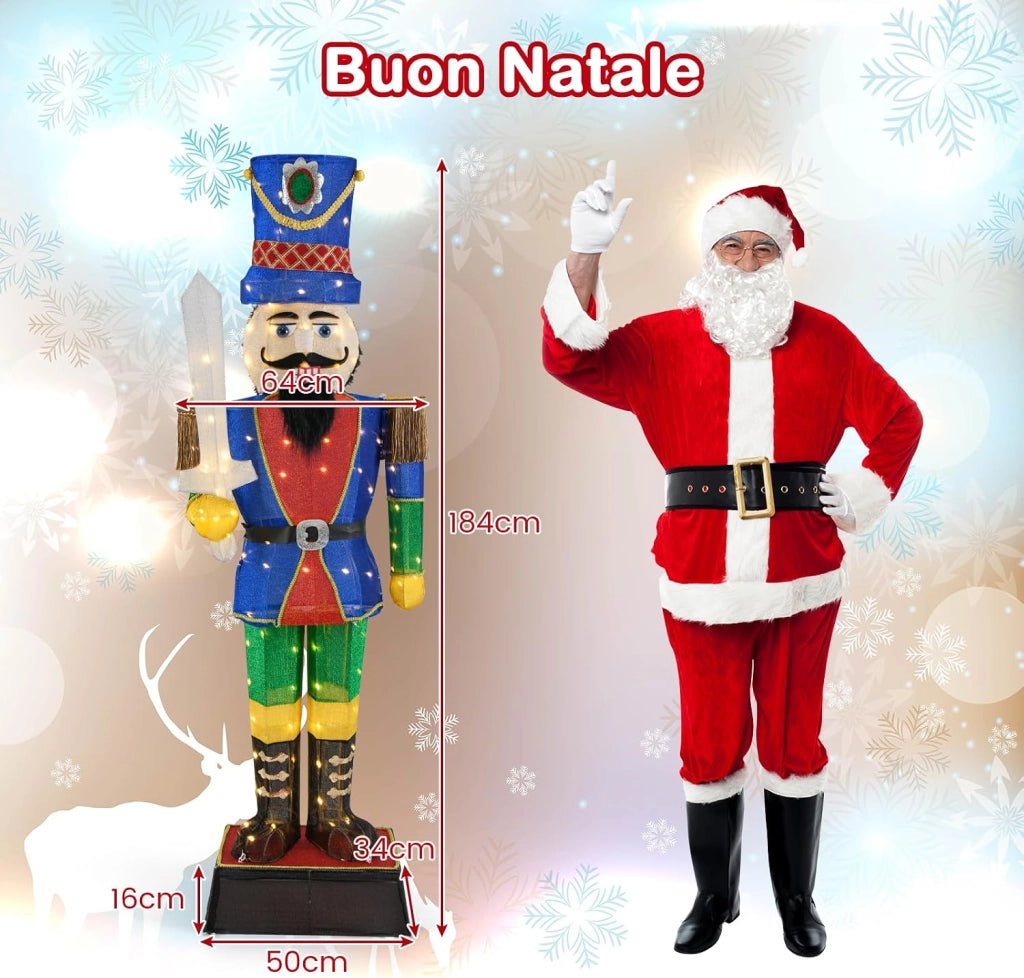Soldato di Natale Illuminato 184 cm, Soldatino Schiaccianoci Illuminato con 110 Luci LED, Fascette e Base, Decorazioni Natalizie per Interno ed Esterno (2 Pezzi)