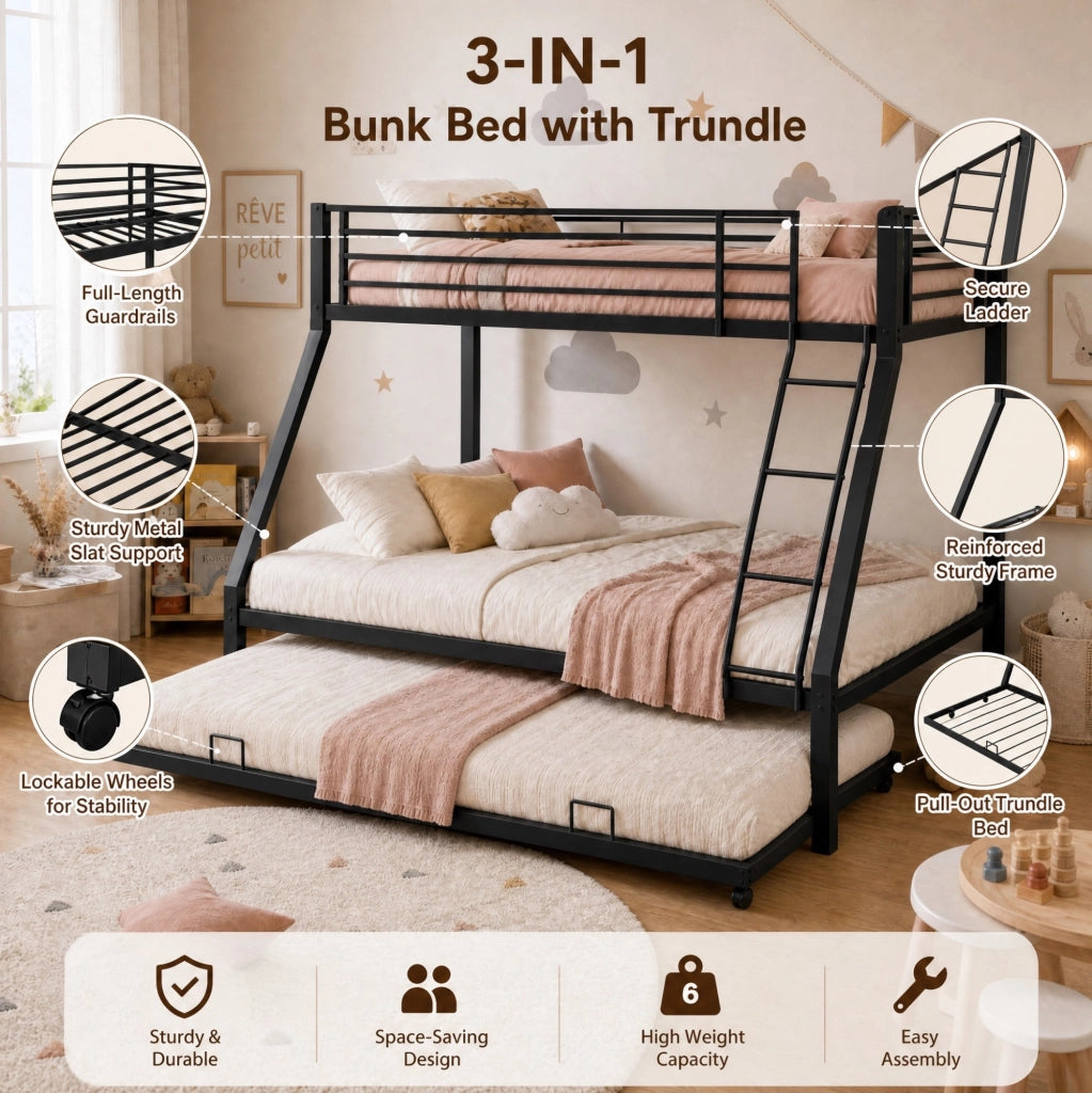 Letto a castello in metallo 90x200 e 140x200 cm con letto estraibile 90x190 cm; nero
