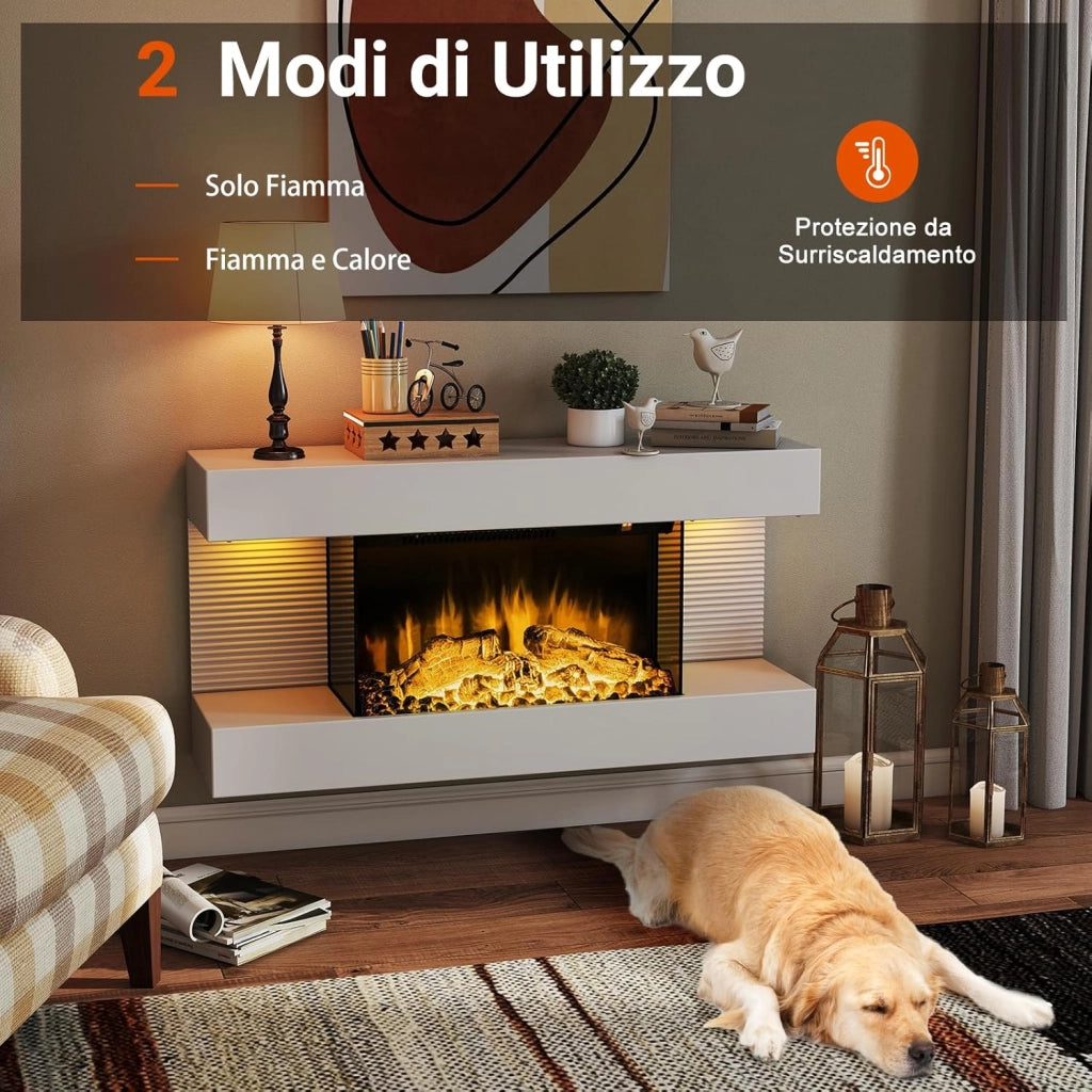 Camino Elettrico, 750W/1500W Caminetto con Luci LED, Telecomando, 12 Colori di Fiamma, Timer 8H Mensola Galleggiante e Protezione Surriscaldamento