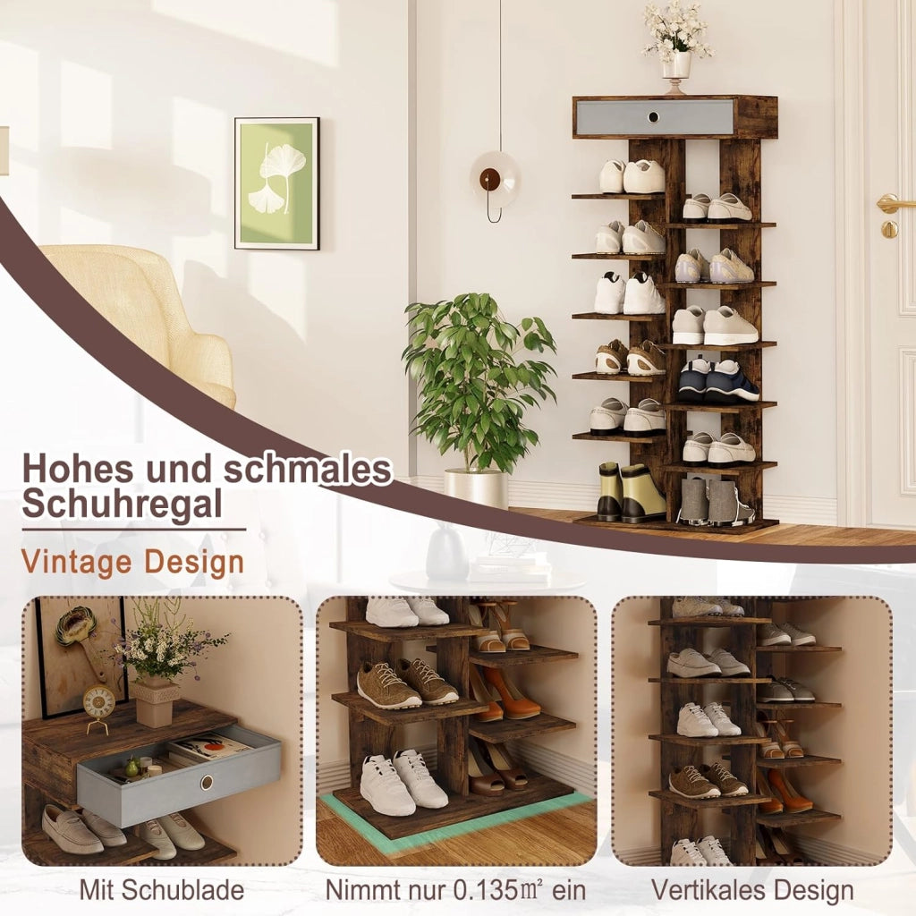 Scarpiera con cassetto, effetto legno, scarpiera con 12 ripiani, organizer per scarpe, per ingresso, corridoio, soggiorno, 49,5 x 118 x 30 cm
