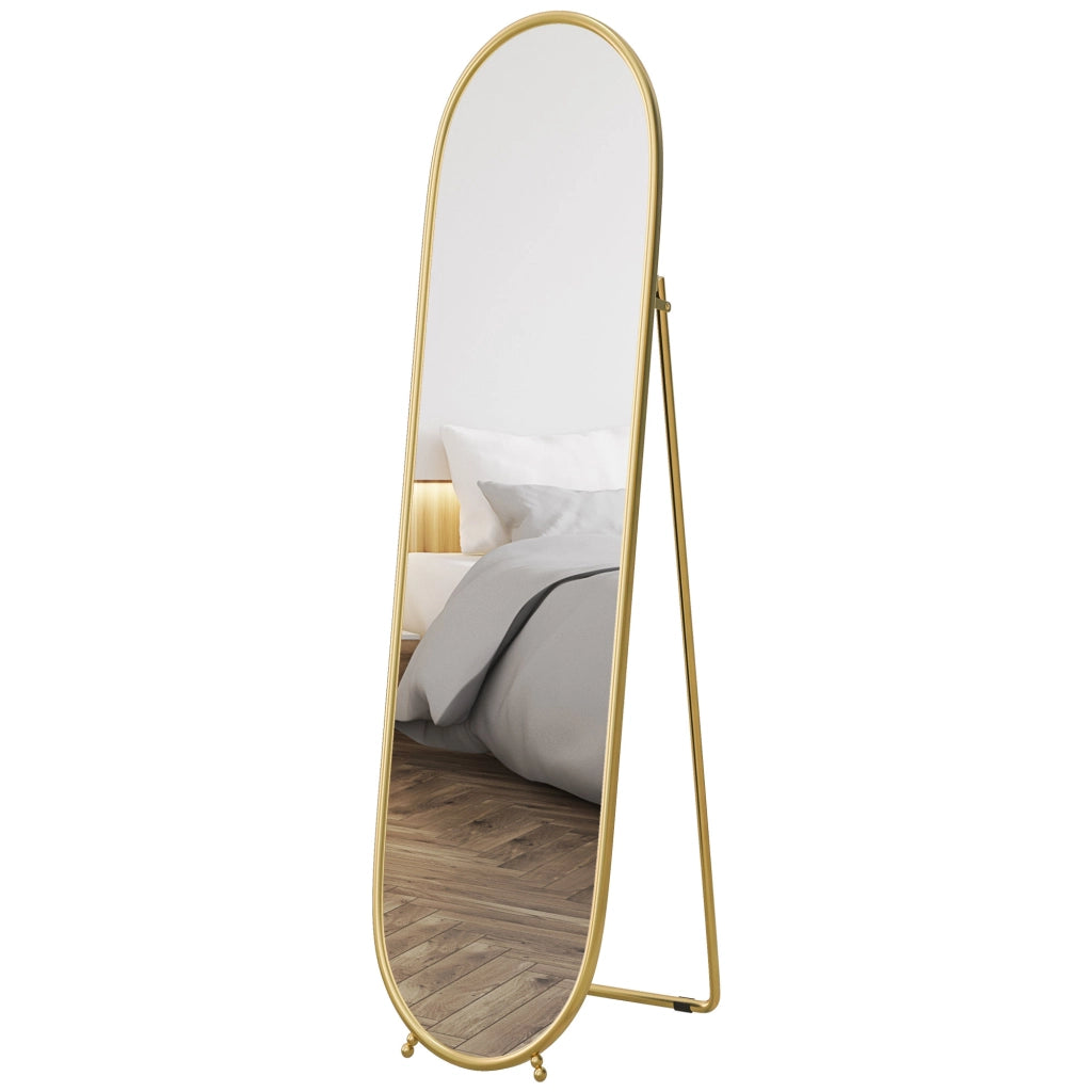 Specchio Verticale Ovale da Terra con Supporto, in Vetro e Metallo, 40x41x159 cm, Tonalit¨¤ Oro