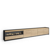 Mobile TV Soggiorno, 310x50x37 cm, Per TV fino a 80", Camino elettrico, LED, Rovere e nero