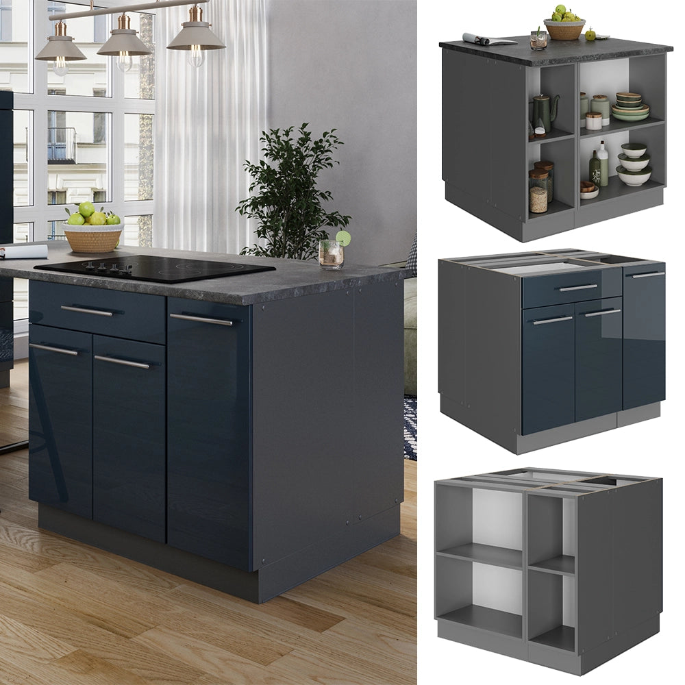 Armadi da cucina Fame-Line Blu scuro lucido/Antracite 90 cm con cassetto, senza piano di lavoro Vicco