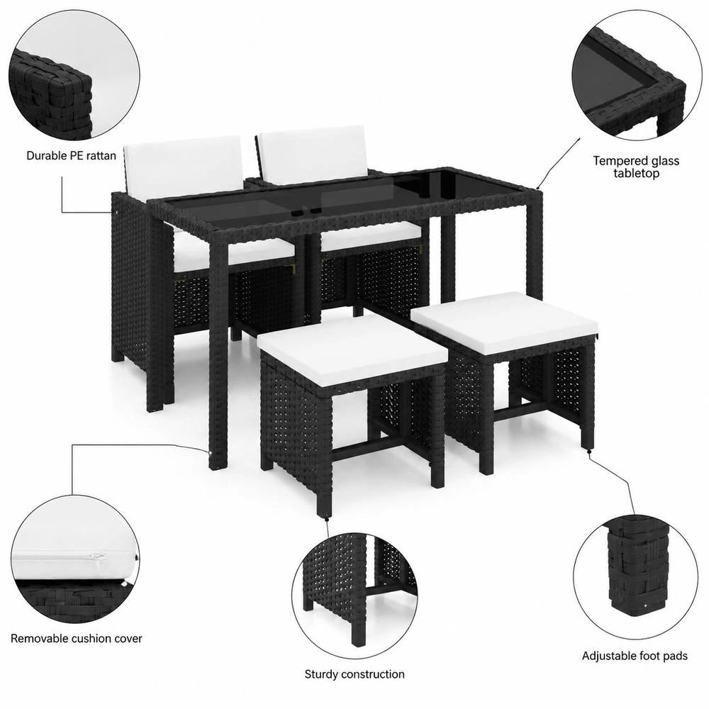 5-piece Garden Dining Set With Cushions, Poly Rattan, Black