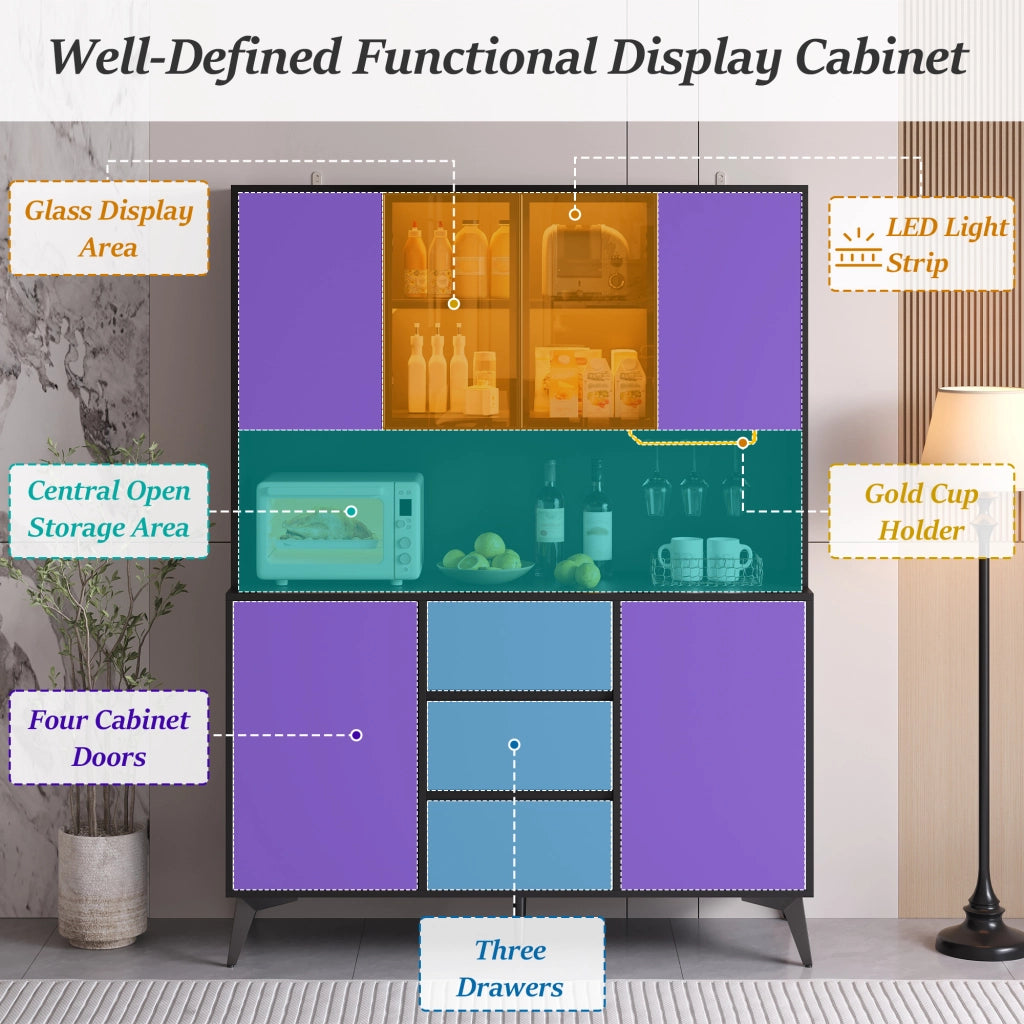 Mobile contenitore con vetrina in vetro, LED da app, 2 ante e 3 cassetti, per cucina e pranzo, 120 × 40 × 160 cm