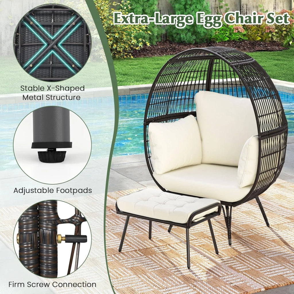 Set di Sedia a Uovo e Pouf, Sedia e Poggiapiedi in Rattan PE con 5 Cuscini, Robusta Struttura in Metallo, Set di Mobili da Esterno e Interno per Terrazza, Giardino, Soggiorno