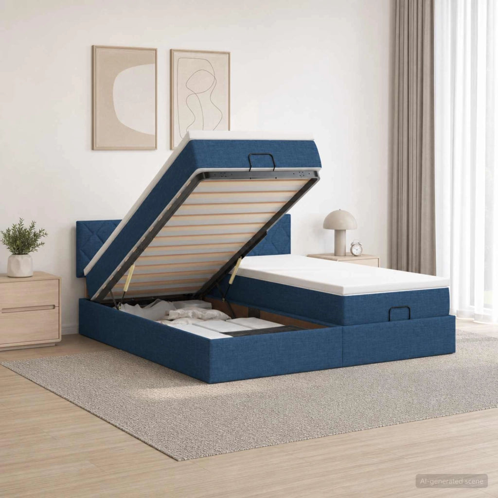 Letto ottomano con materasso con testiera 2 pz Blu Tessuto 3456725