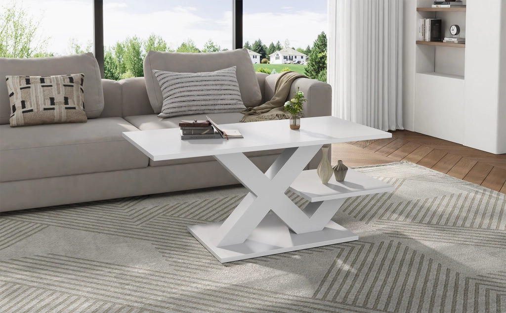 Tavolino basso rettangolare con doppio piano e struttura a x, in MDF lucido, per soggiorno, bianco 100 × 48 × 45 cm