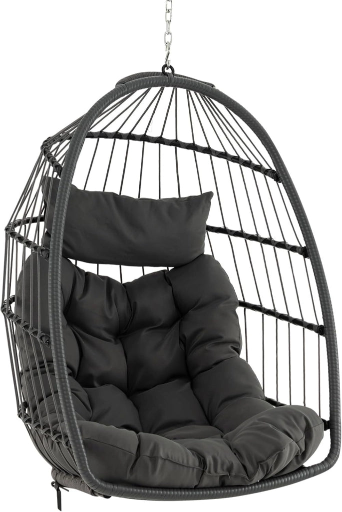 Sedia Sospesa a Uovo, Sedia Amaca con Cuscino per Testa e Seduta, Sedia a Dondolo in Vimini da Interno/Esterno, Design Pieghevole Salvaspazio, Capacità 150 kg