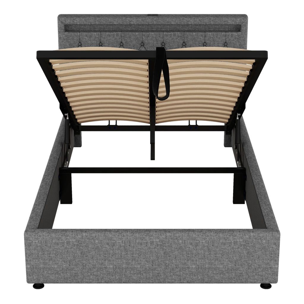 Letto imbottito 140 x 200 cm con contenitore idraulico; LED; USB e USB-C; lino grigio