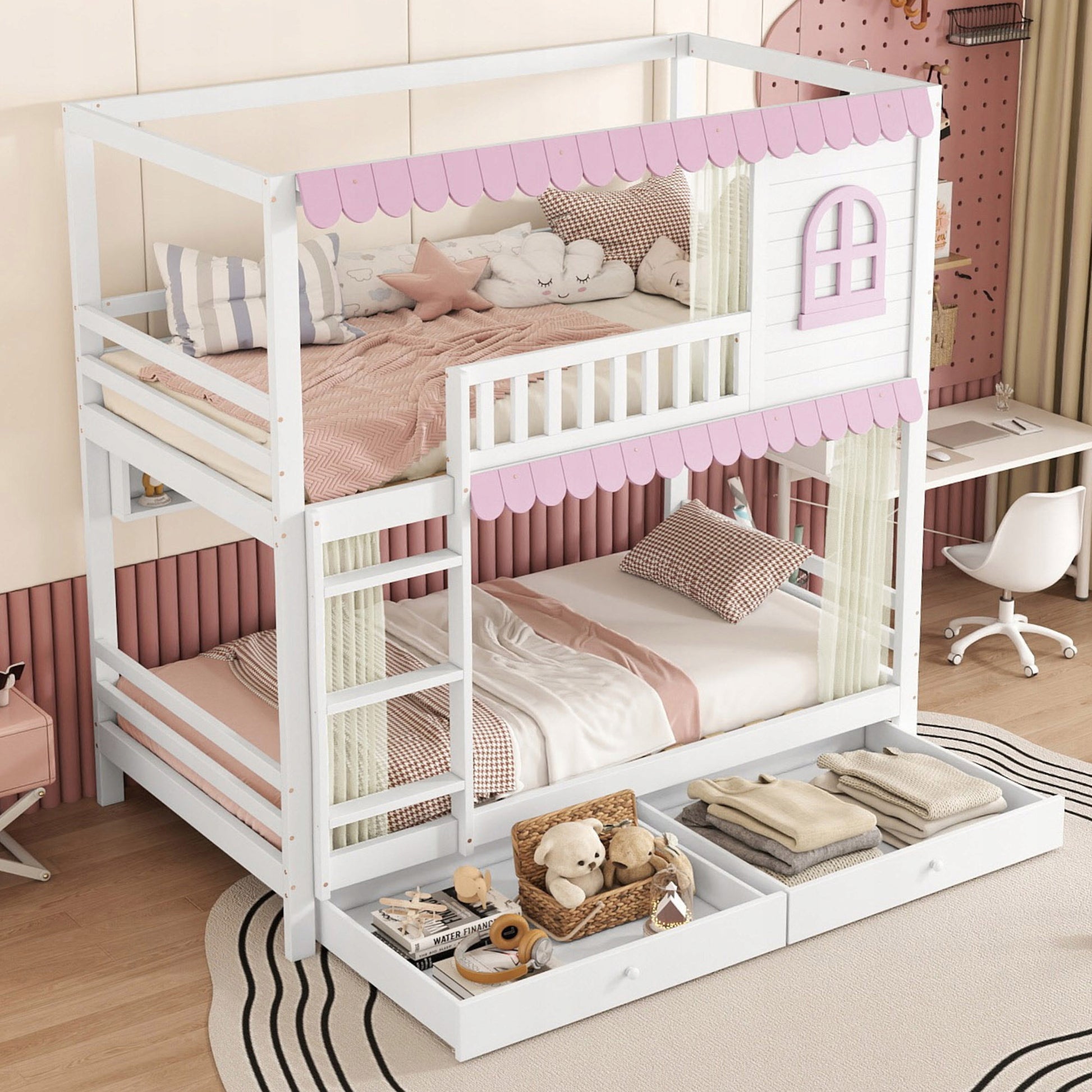 Letto a castello per bambini 90x200 bianco-rosa - Xylo