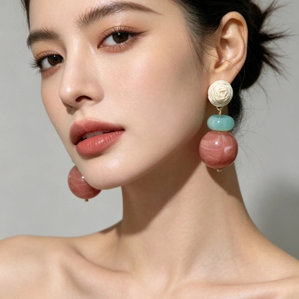 Orecchini a lobo rotondi rosa con combinazione di colori rosa e blu, nuovi orecchini in stile cinese, orecchini delicati e suggestivi per donna.
