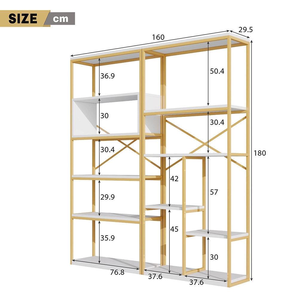 Scaffale moderno - Xylo - 160x29,5x180cm - Oro e bianco - Tubo acciaio + MDF, facile montaggio