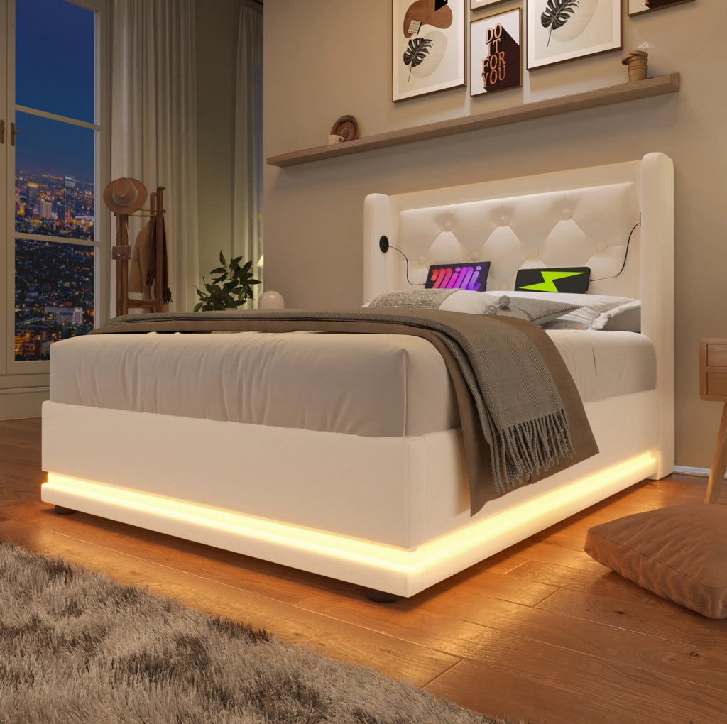 Letto singolo imbottito 90x200 cm con contenitore, LED a 3 lati e porte USB Type-C