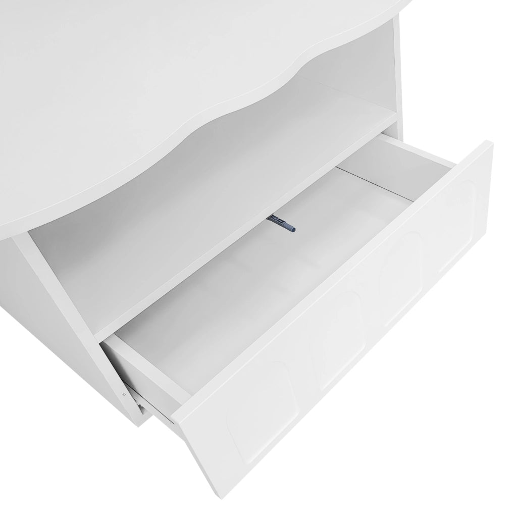 Tavolino da salotto 100x60x40.5 cm; piano a forma di nuvola con cassetto e vano aperto; truciolare bianco