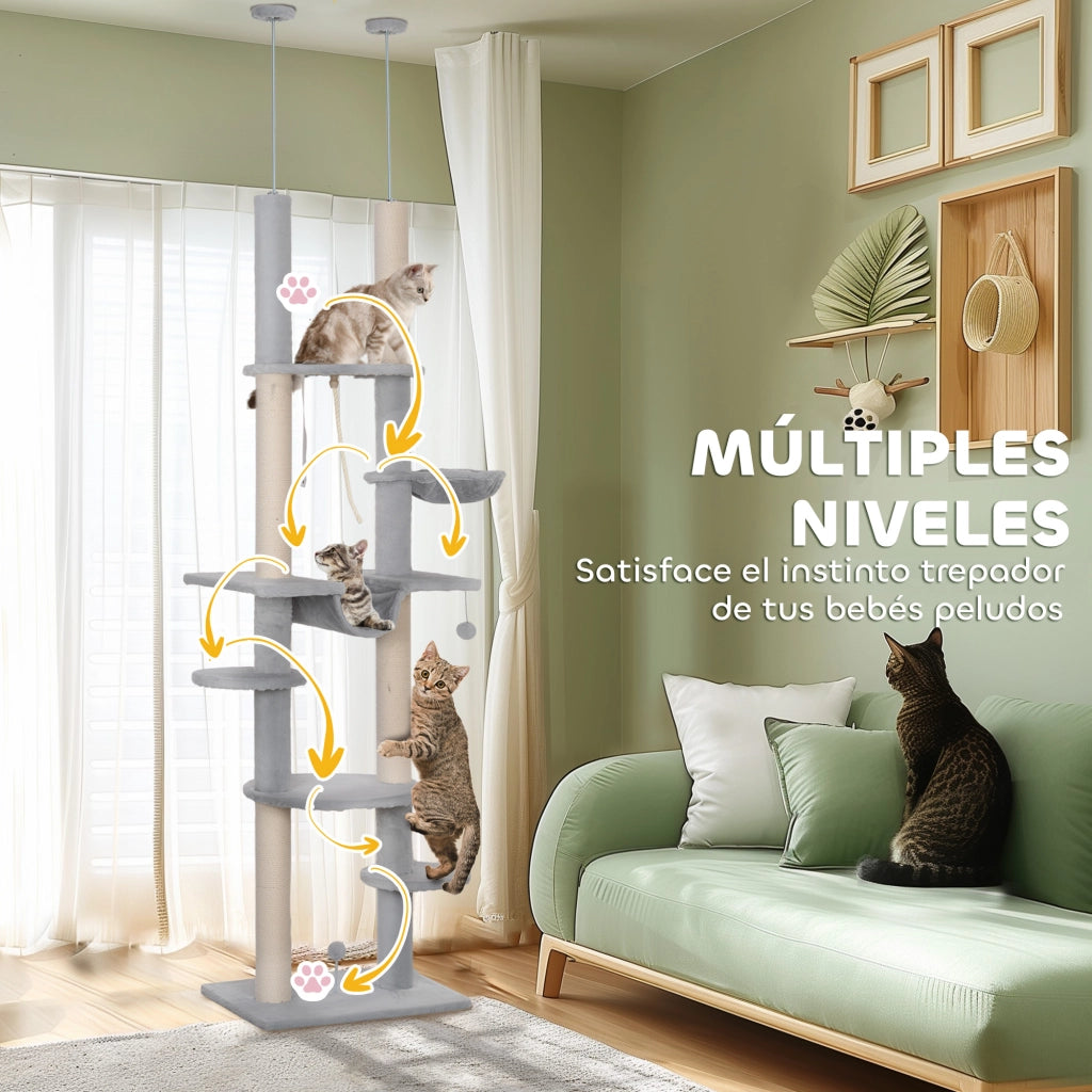 Tiragraffi per Gatti da Pavimento a Soffitto ¨C Xylo ¨C 225-255 cm Grigio con Amache Piattaforme