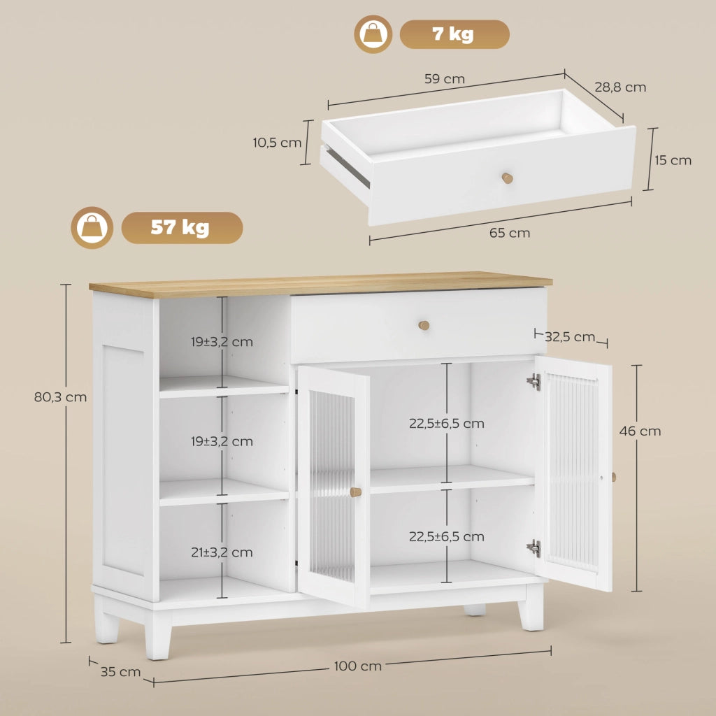 Credenza con ante in vetro temperato, cassetto e ripiani regolabili ¨C Xylo ¨C Bianco