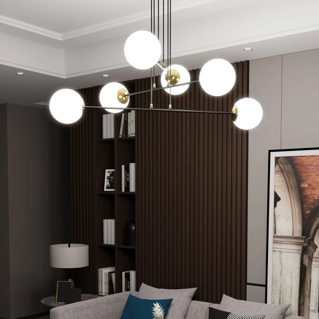 Lampadario Moderno 6 Luci Tsukuyomi In Acciaio Nero E Oro E Vetro A Sfera Opale