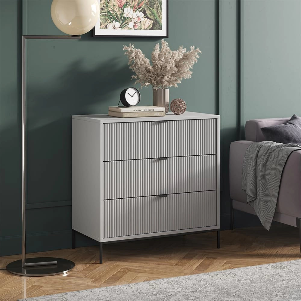 Cassettiera per camera da letto Eliza, Grigio, 42 x 81.2 cm con 3 cassetti, per la conservazione e l’organizzazione in soggiorno o camera da letto