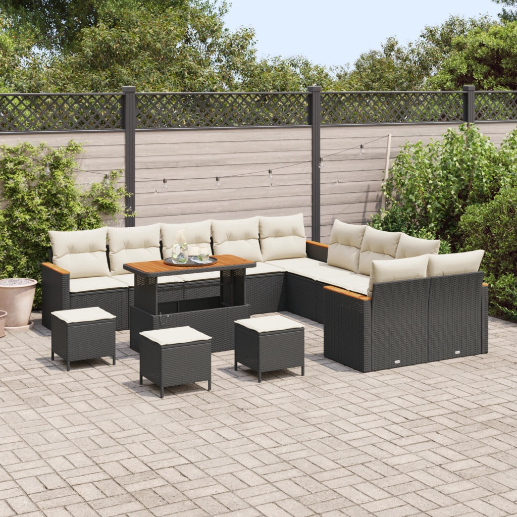 Set di Divani da Giardino da 14 Pezzi con Cuscini Nero Polyrattan Acacia