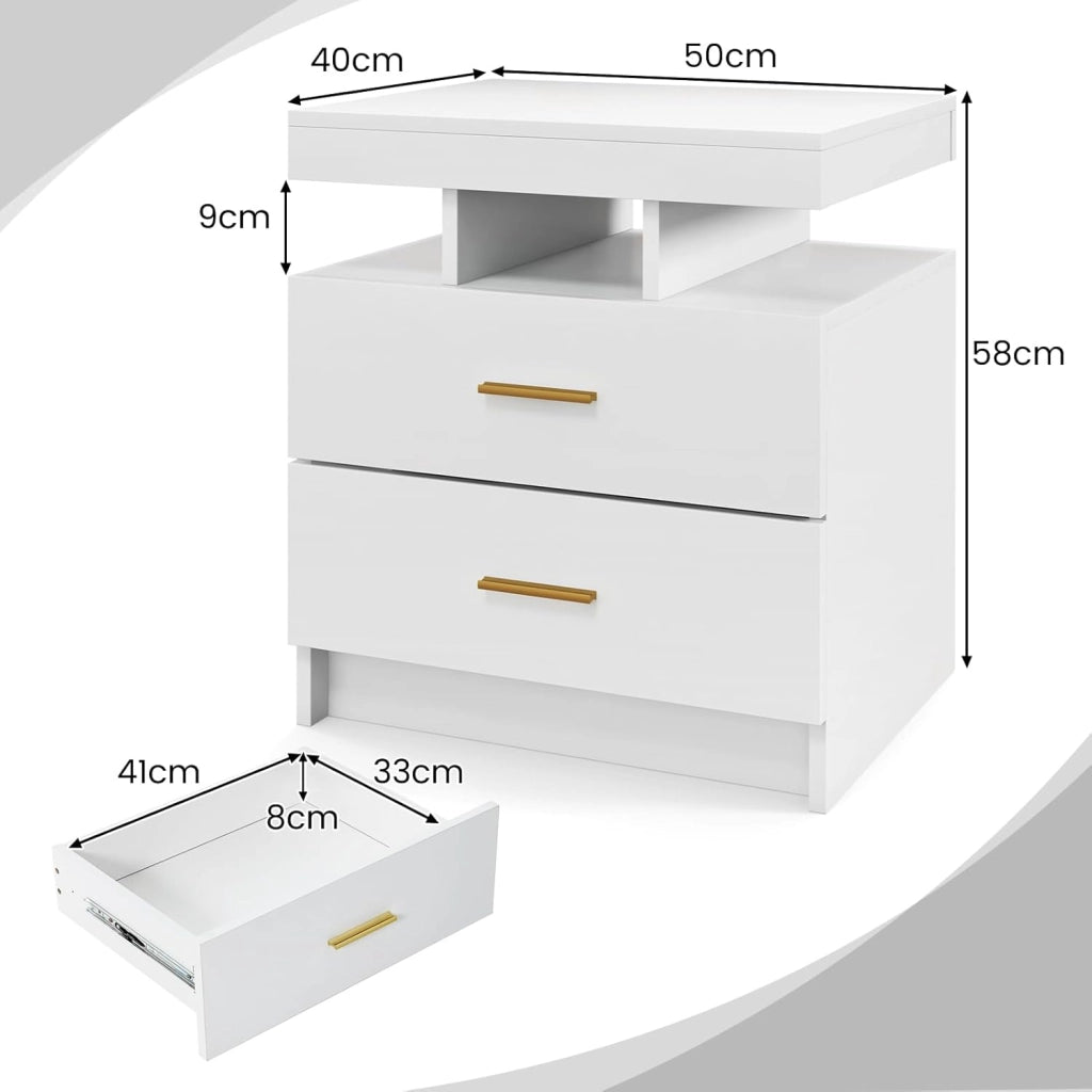 Comodino con Luci LED 50x40x58cm, Tavolino Camera da Letto Moderno con 2 Cassetti, Mobile Cameratta con Telecomando per Soggiorno e Ufficio (Bianco)