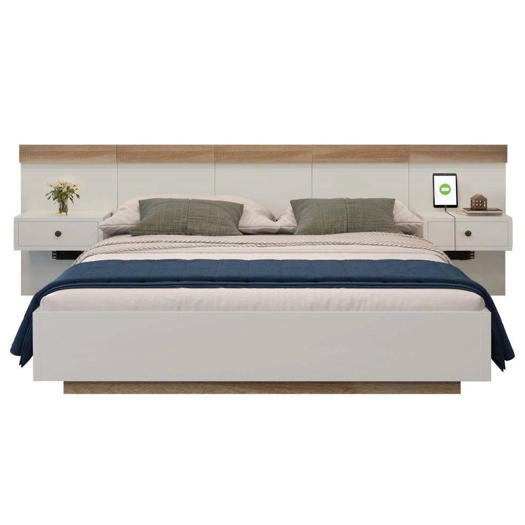 Letto matrimoniale 160x200 cm con due comodini integrati; LED e prese USB/USB-C; rovere Sonoma e bianco