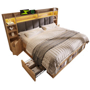 Letto Matrimoniale 160x200 cm; LED; USB e Type-C; Contenitore con Cassetti in Legno; Quercia