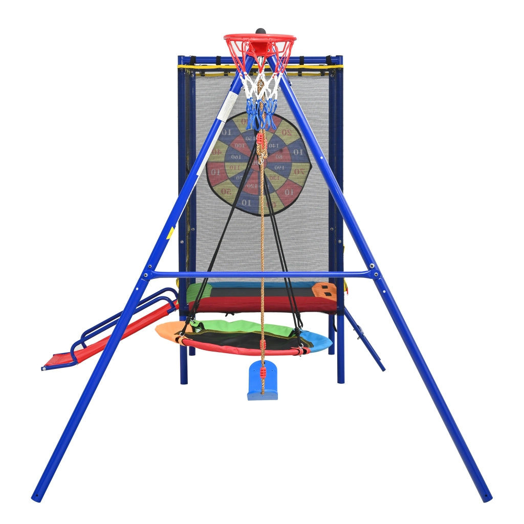 Area giochi con trampolino rete sicurezza scivolo doppia altalena e canestro in ferro multicolore 336 × 217 × 198 cm